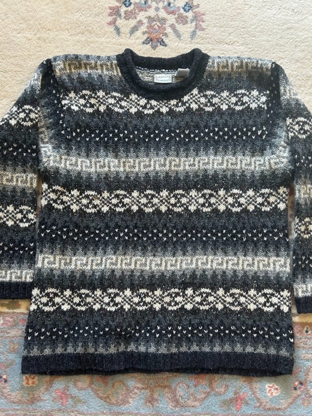 Hasting & Smith Fair Isle Greek Key Sweater Womens L Gray Black